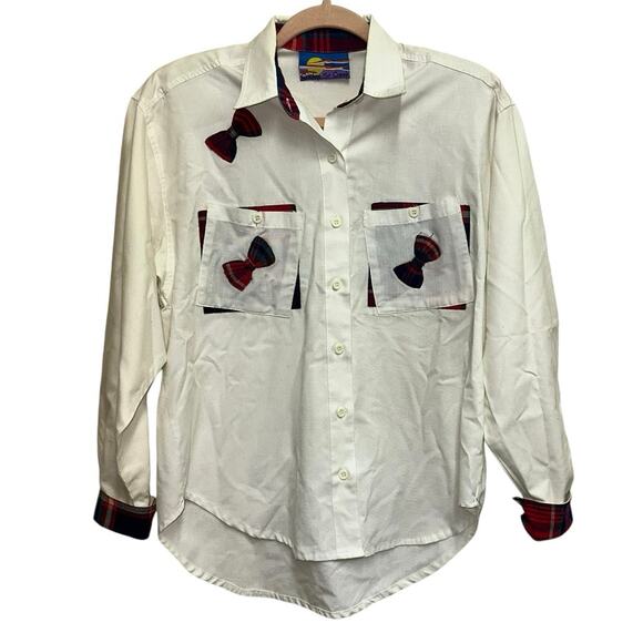 Cricket by the Creek Vintage White Button Down Blouse with Plaid Bows - Picture 1 of 6